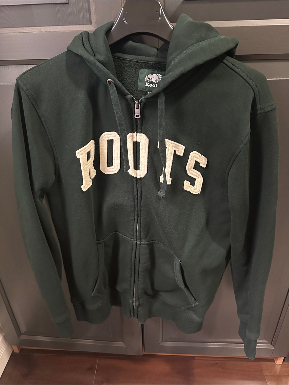 Roots Dark Green Zip-Up Hoodie with Cream LETTER Appliqué-Unisex